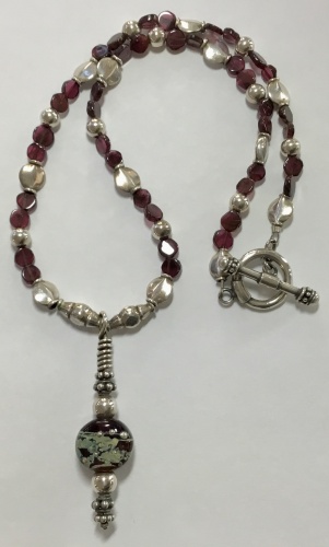 Garnet & Sterling Necklace With Lampwork Glass Bead Pendant
