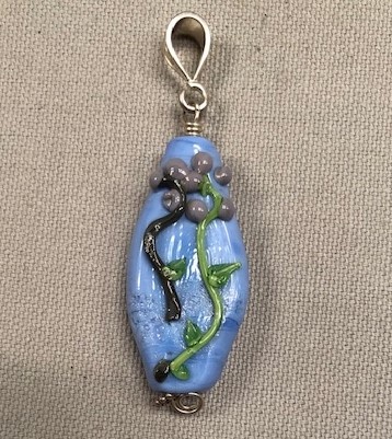 GREY FLOWERS ON LIGHT BLUE GLASS PENDANT WITH BAIL