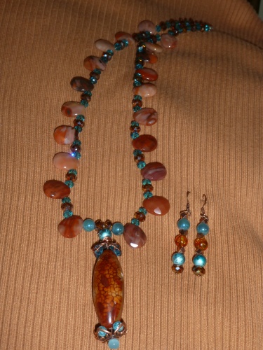 Carnelian Gemstone Pendant with Carnelian Gemstones and Blue Crystals