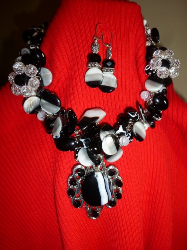 Black and White Hand Crocheted Bead Necklace  on Silver Wire