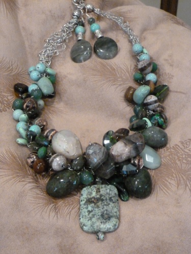 Hand Crocheted Gemstone Bead Necklace on Silver Wire