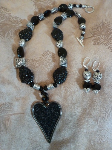 Black Heart/Black and Silver Bead Necklace Hand Strung