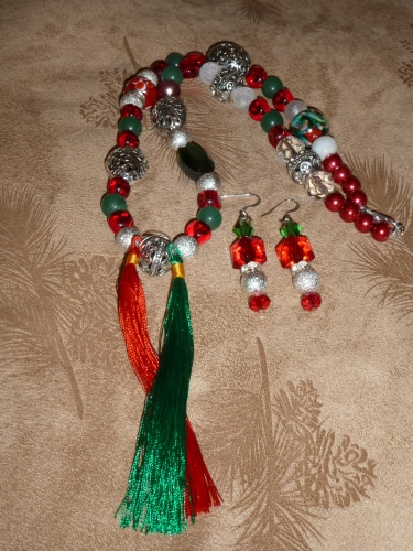 Multi Red, Green and SIlver Christmas Necklace with Tassels